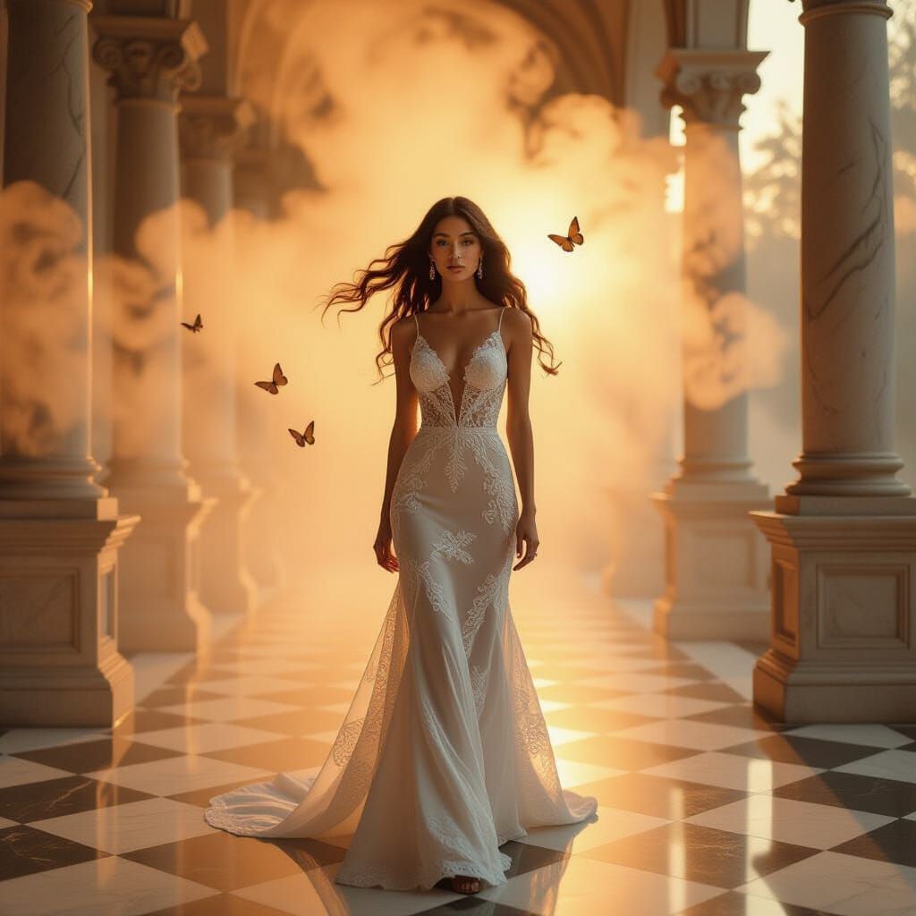 Ethereal Woman in Lace Amidst Spectral Trees