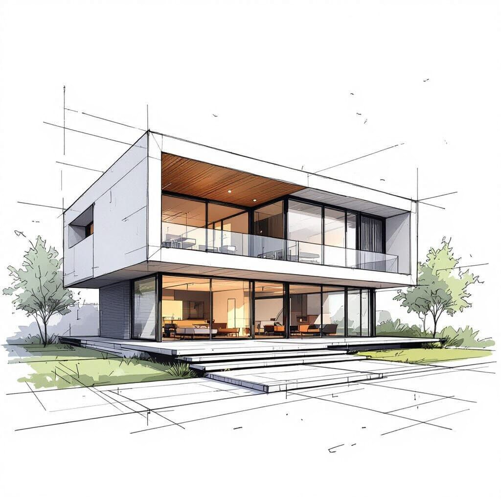 Modern One-Story House Architectural Illustration