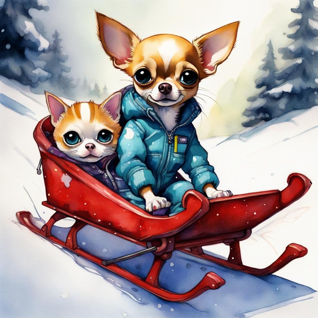 Chihuahua and Cat Sled Team in Watercolor