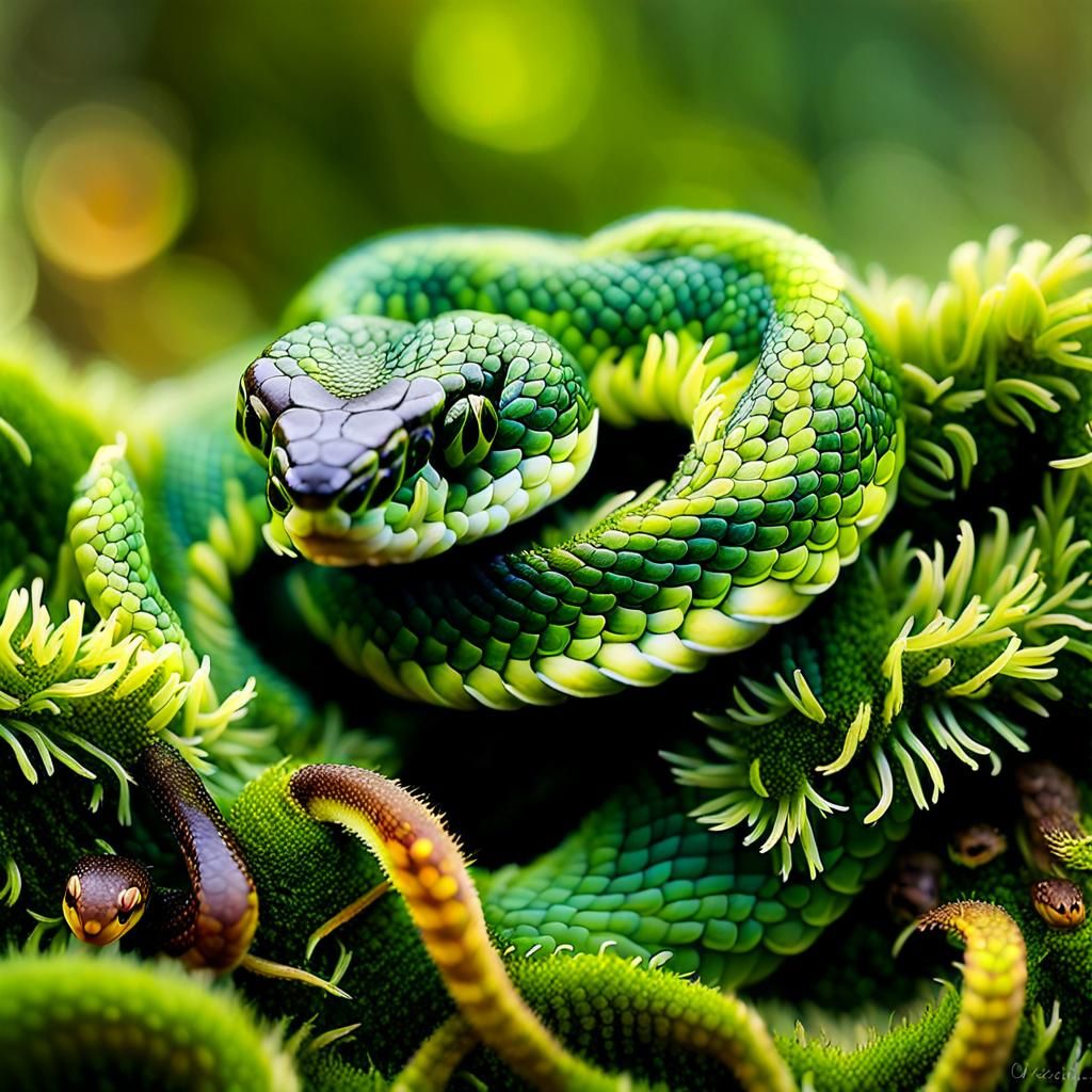 Adorable Moss Snake in Vibrant Digital Art