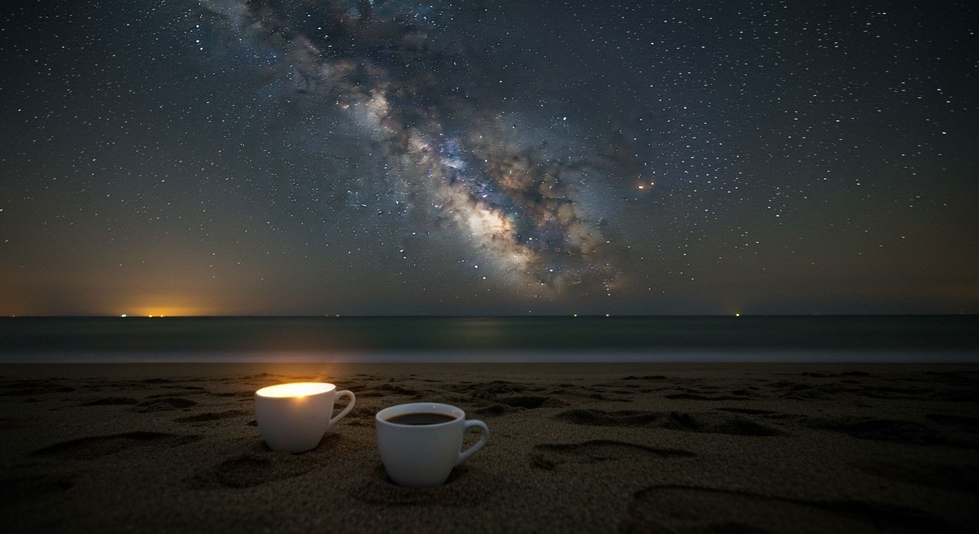 Magical Night Beach Scene With Glowing Coffee Cups and Milky...