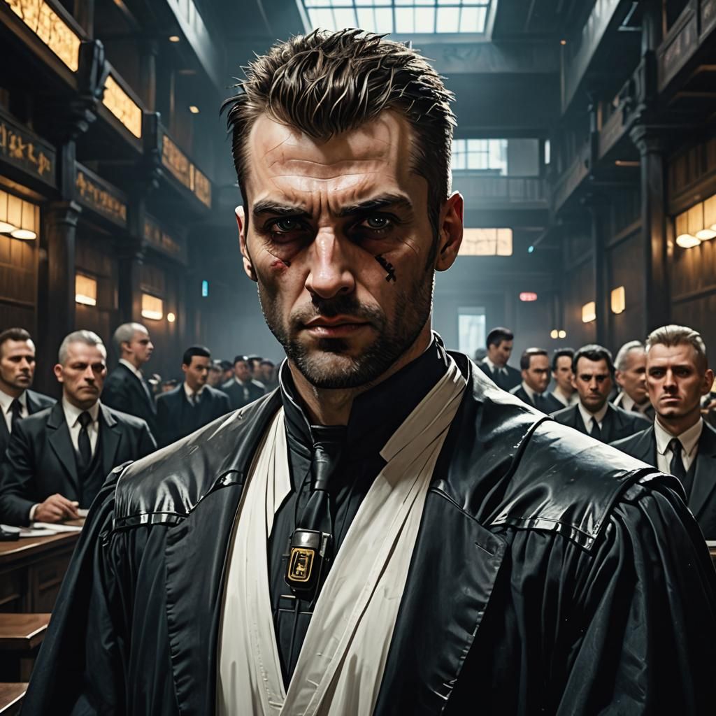 Cyberpunk Barrister Dominates Courtroom Scene