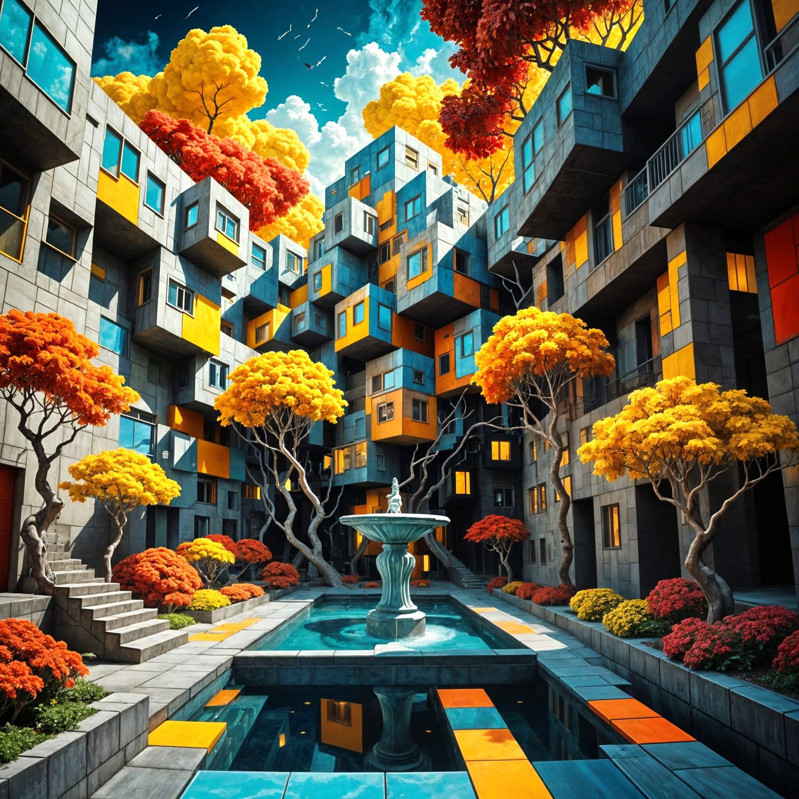 Surreal Cityscape with Cubic Architecture and Dreamlike Land...