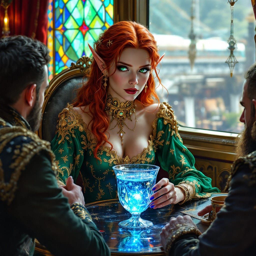 Elven Diplomat in Emerald Gown Negotiating with Dwarf