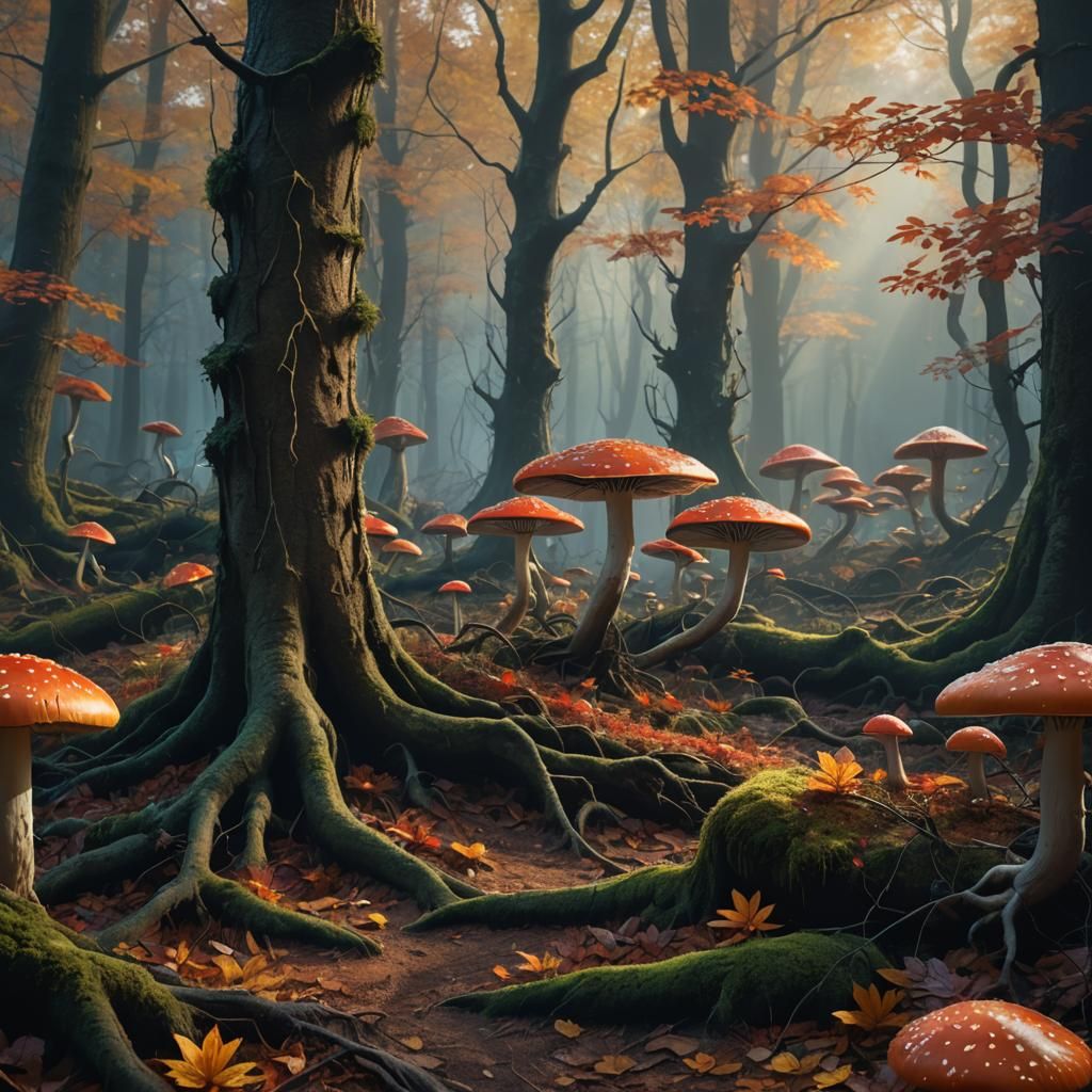 Surreal Autumn Scene with Glowing Mushrooms in a Deep Forest