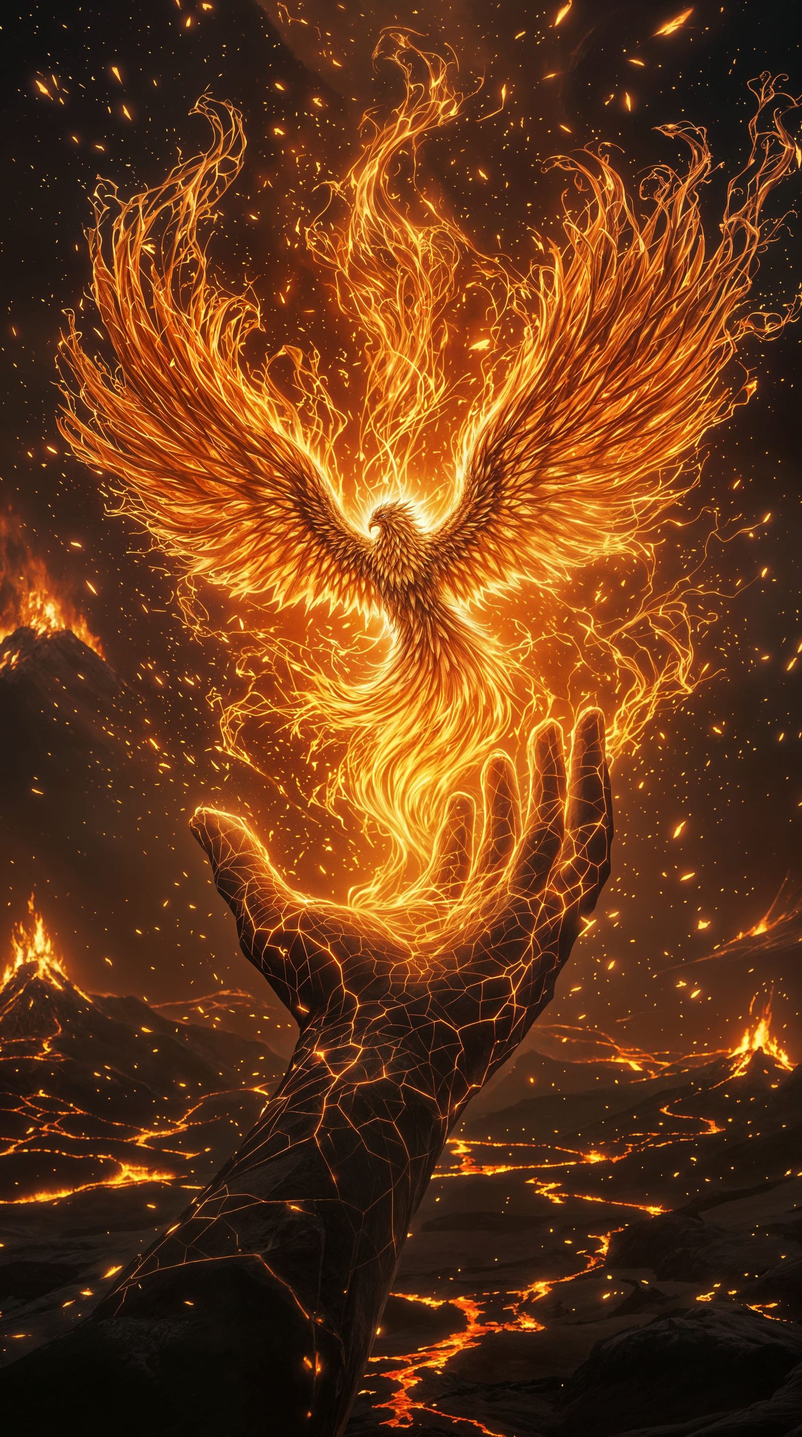 Obsidian Hand Cradles Phoenix in a Dance of Fire and Stone