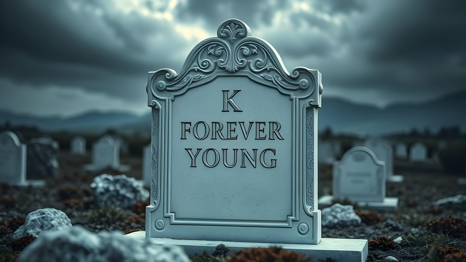 Hyperrealistic Gravestone Inscription: K Forever Young