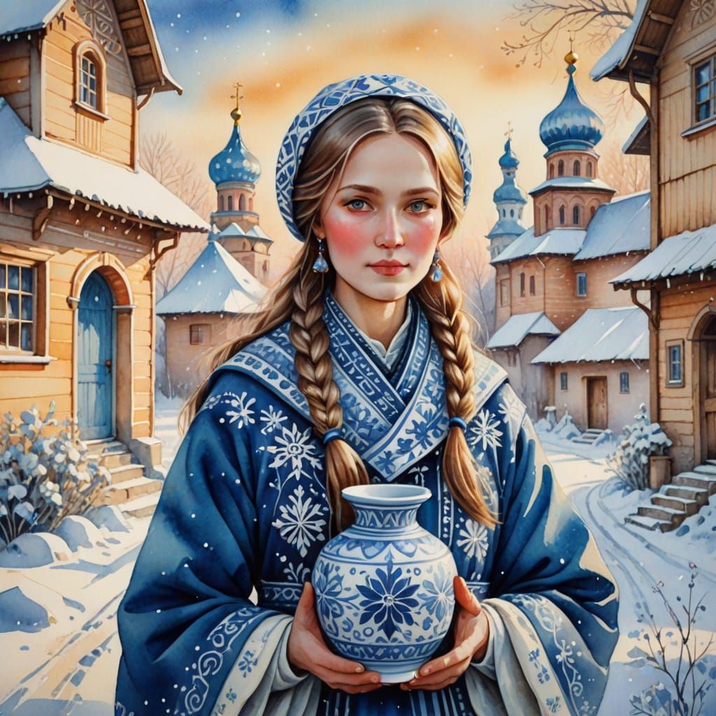 Traditional Russian Village Scene in Whimsical Watercolor St...