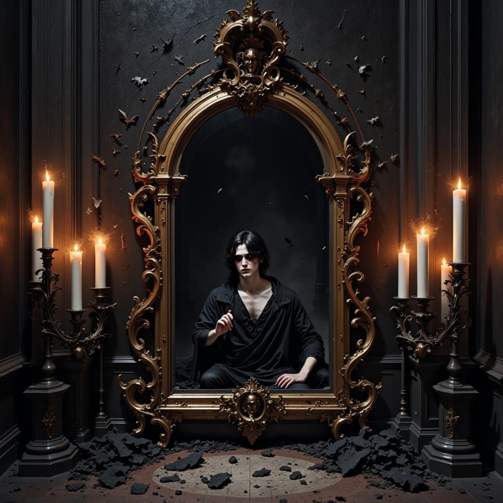 Ghostly Figure in Mirror Reflection, Baroque Horror Style