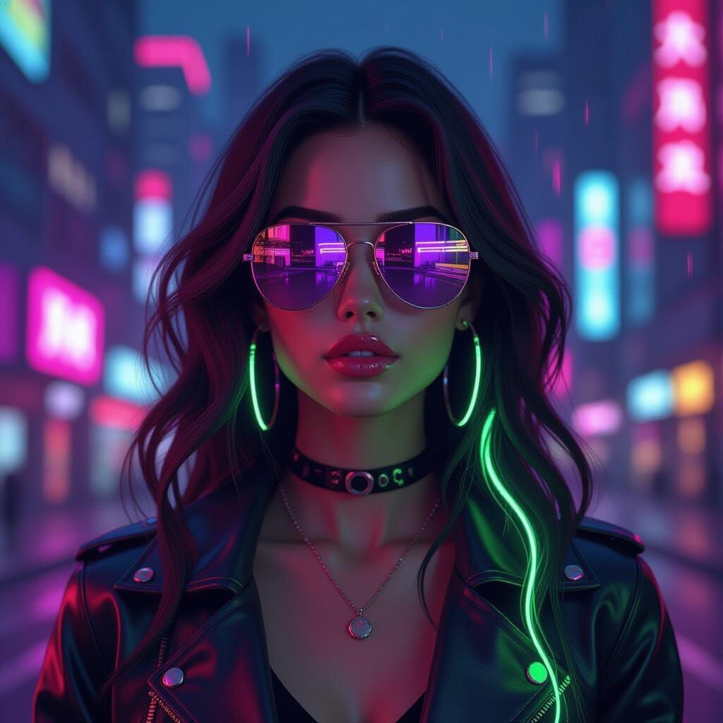 Cyberpunk Woman with Neon Hair in Hyperrealistic Style
