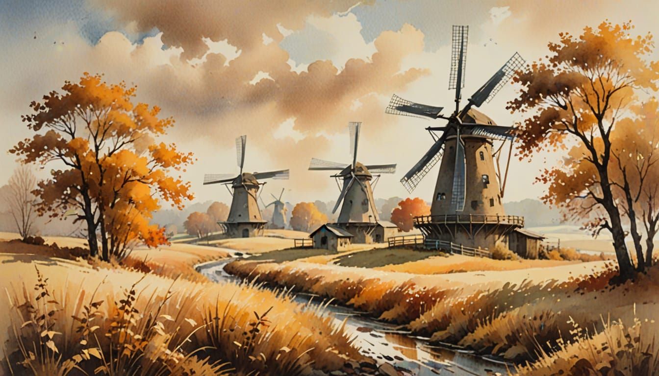 Autumn Windmill Landscape in Watercolor Serigraphy Style