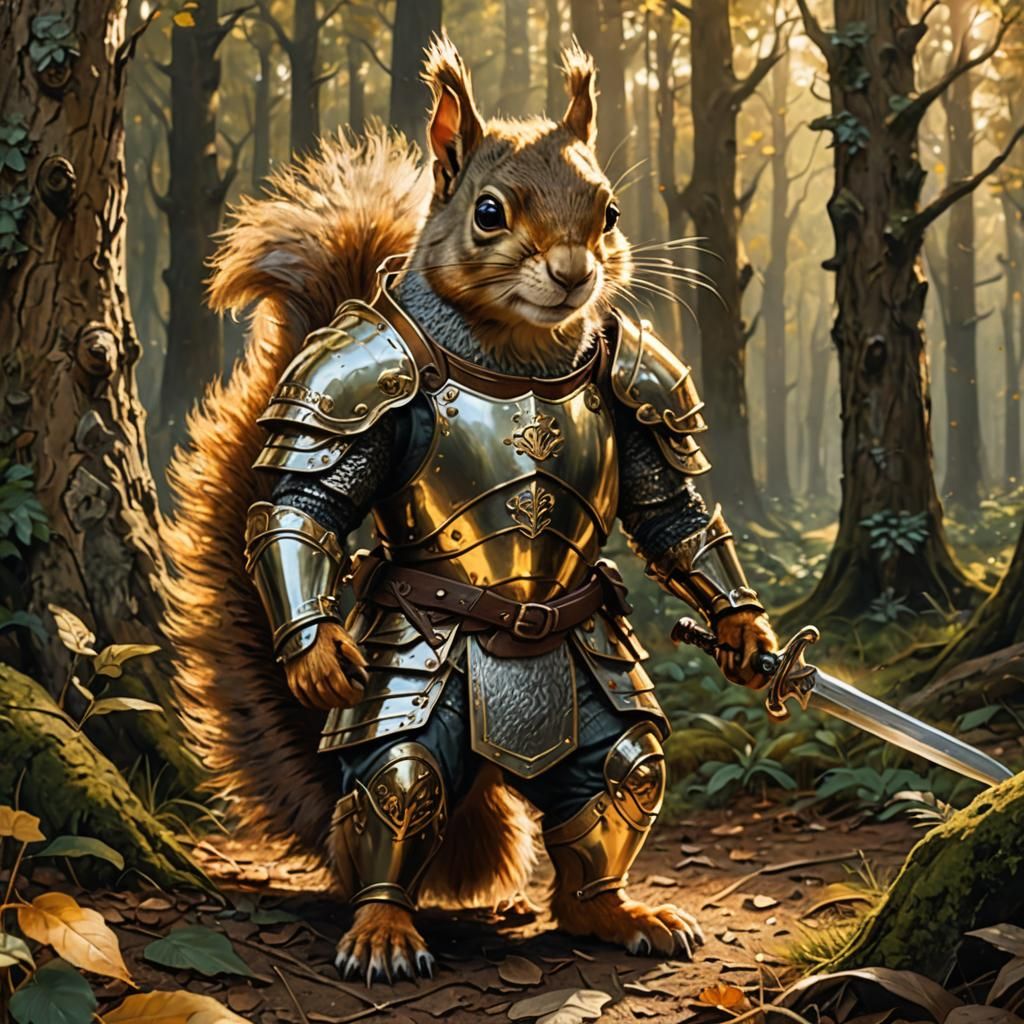 Armored Squirrel Warrior in Forest, Oil Painting