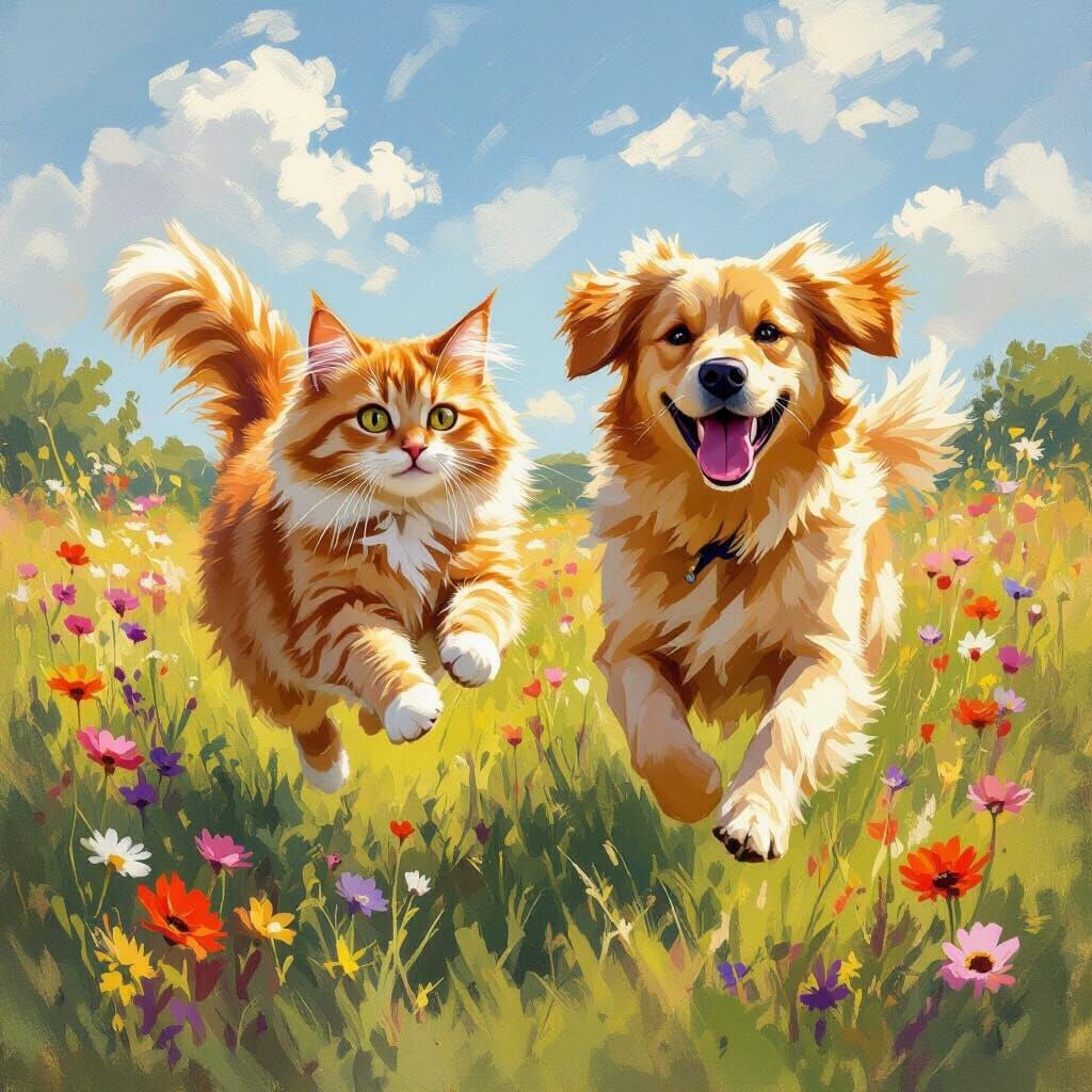Fluffy Cat Chases Golden Retriever in Sunlit Meadow