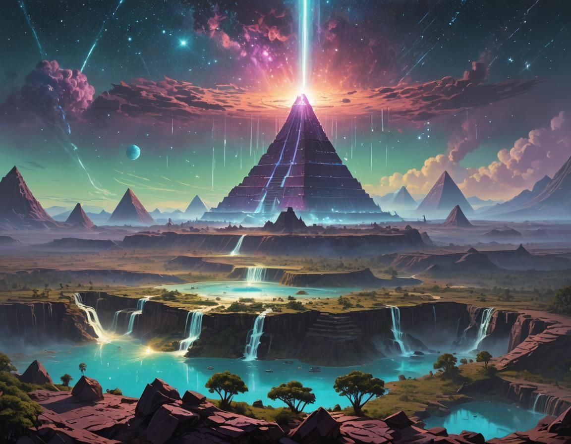 Cosmic Crater Landscape with Crystalline Spires