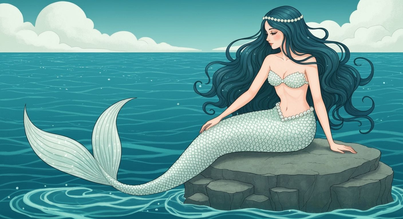 Whimsical Mermaid with Pearly Tail on Ocean Rock Outcrop