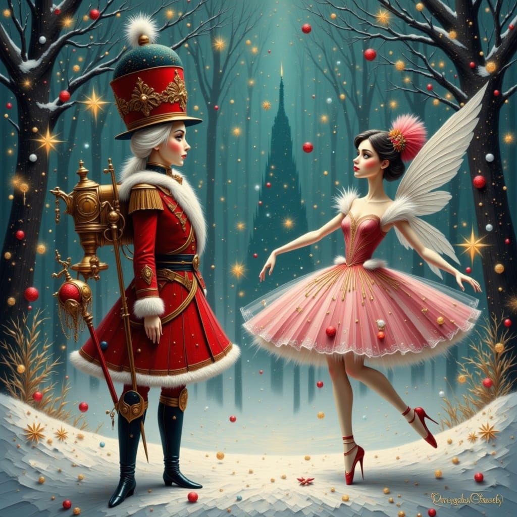 Nutcracker Soldier and Sugar Plum Fairy in Magical Snow