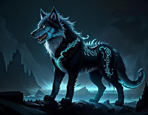 Bioluminescent Wolf-Dragon Sea Serpent Digital Painting