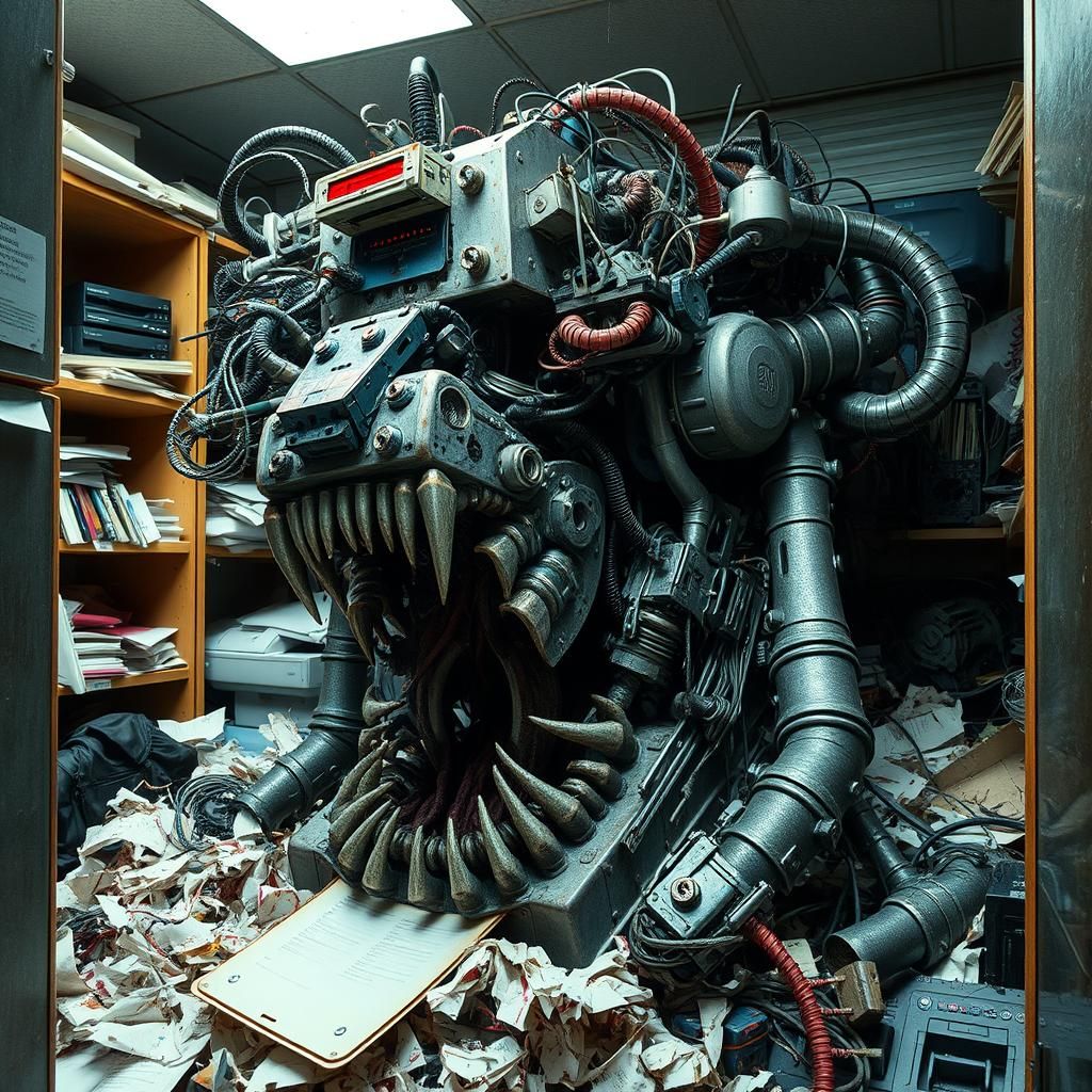 Grotesque Printer Monster Awakens in Cyberpunk Style