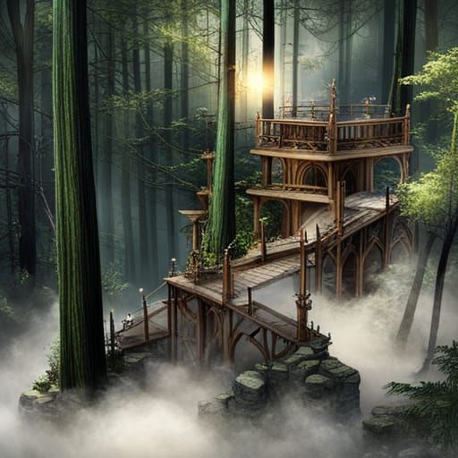 Steampunk Stairway to Nowhere in Forest Clearing