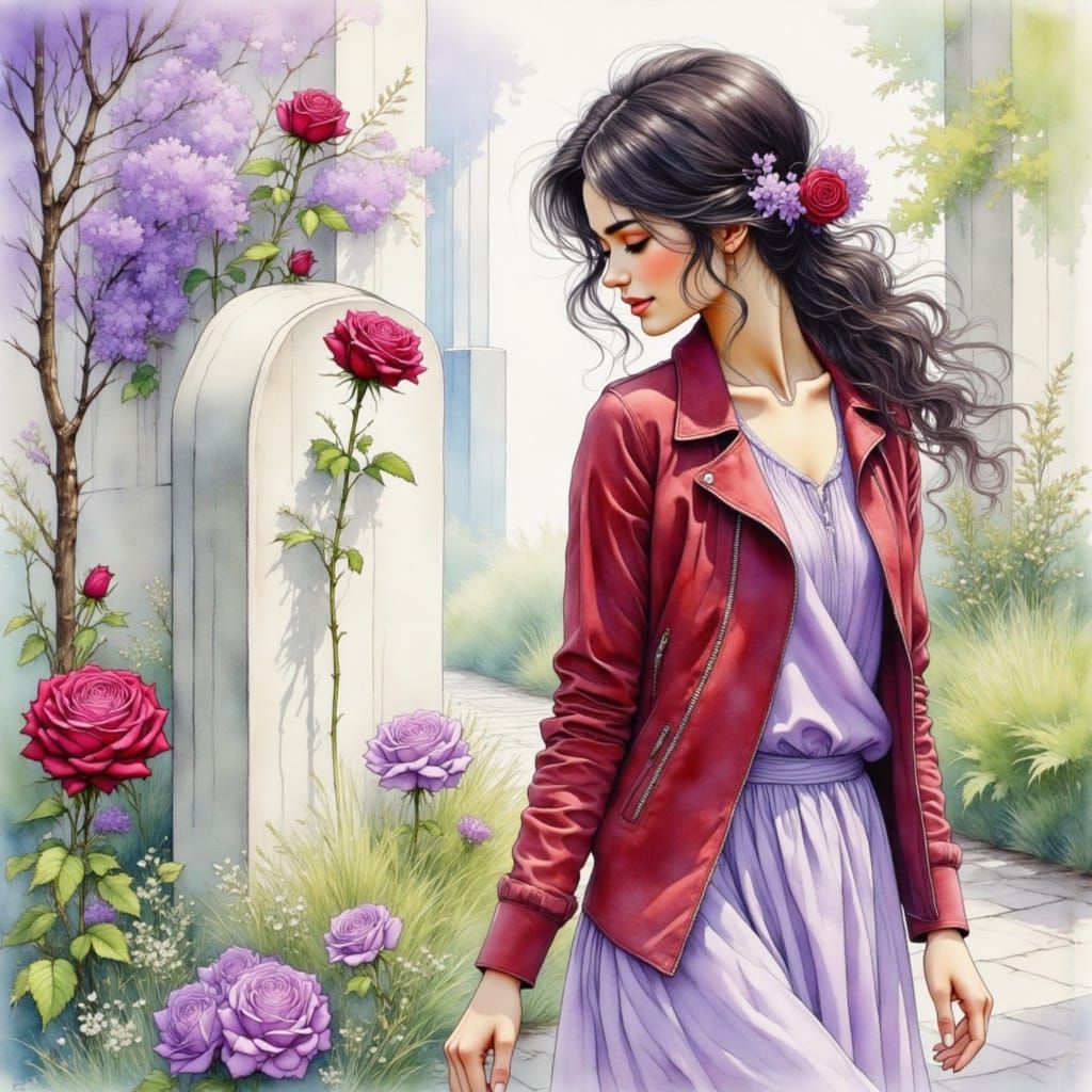 Young Woman Walks Through Elegant Memorial Garden