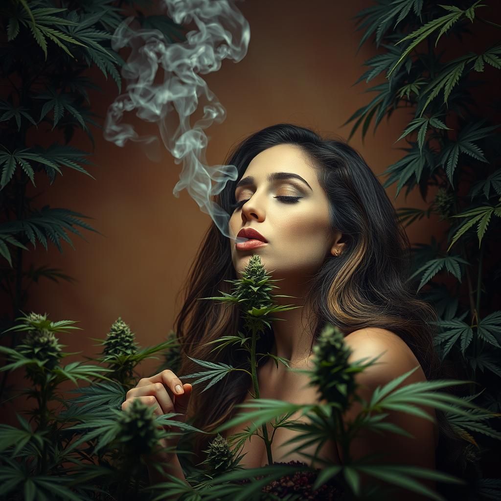 Serene Woman Surrounded by Cannabis in Moody Still Life