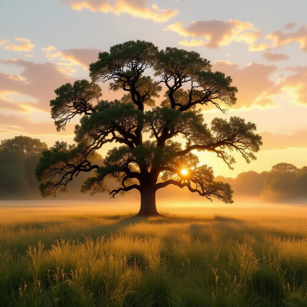 Ancient Oak in Misty Meadow at Dawn