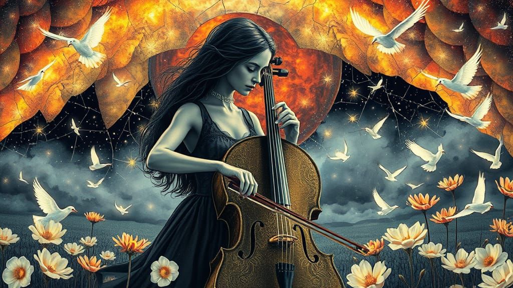 Woman Plays Cello Under Stars in Magic Realism Style