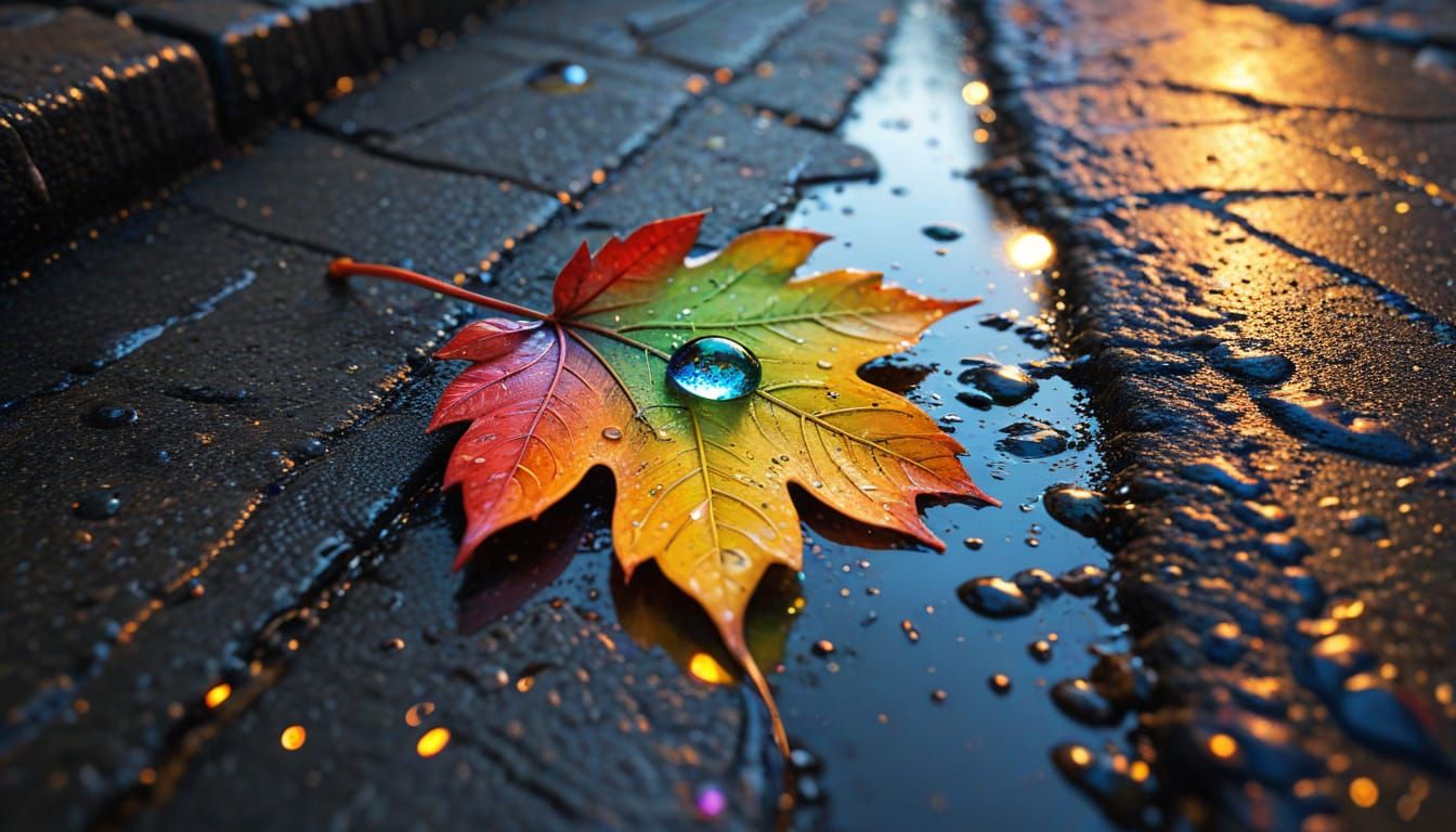 Cityscape Reflected in Rainbow Leaf Water Droplet