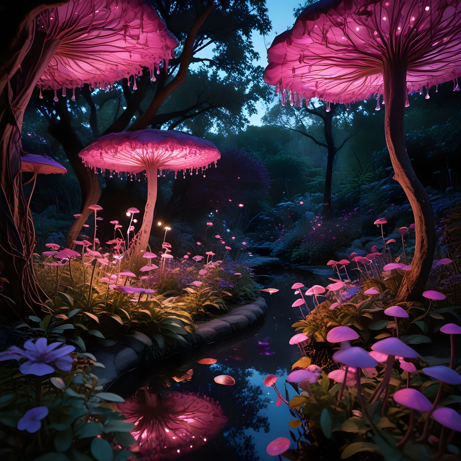 Shimmering Twilight Garden with Bioluminescent Flora