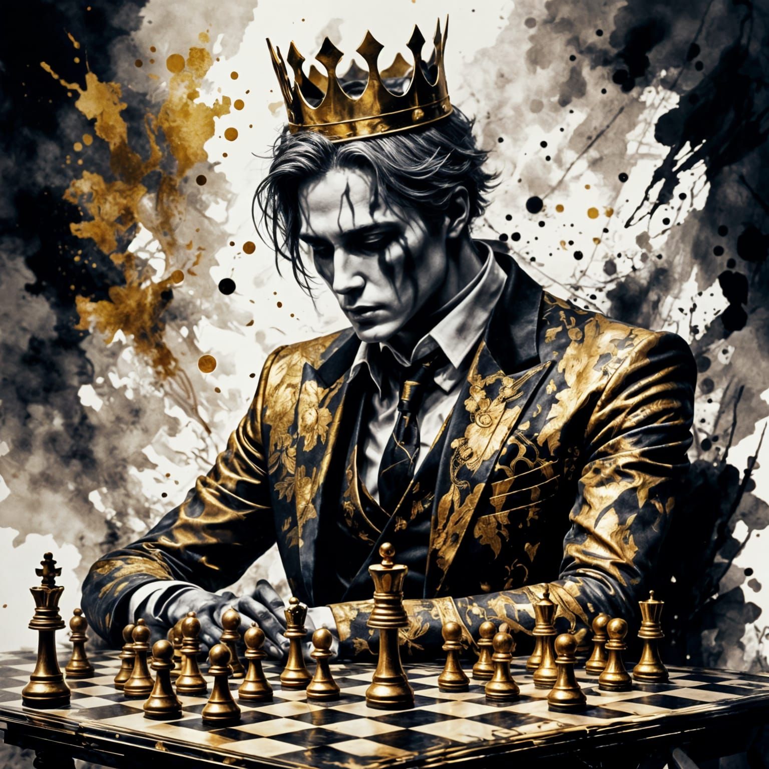 Ivory and Gold Chess King in Antique Watercolor