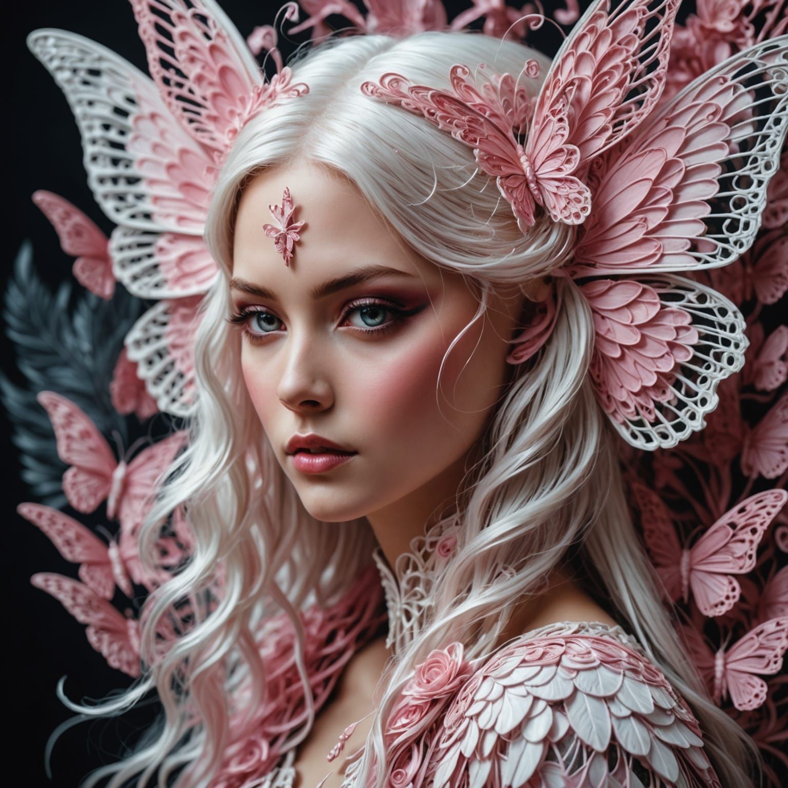 Surreal Pink Butterfly Girl Portrait in Paper Quilling Style