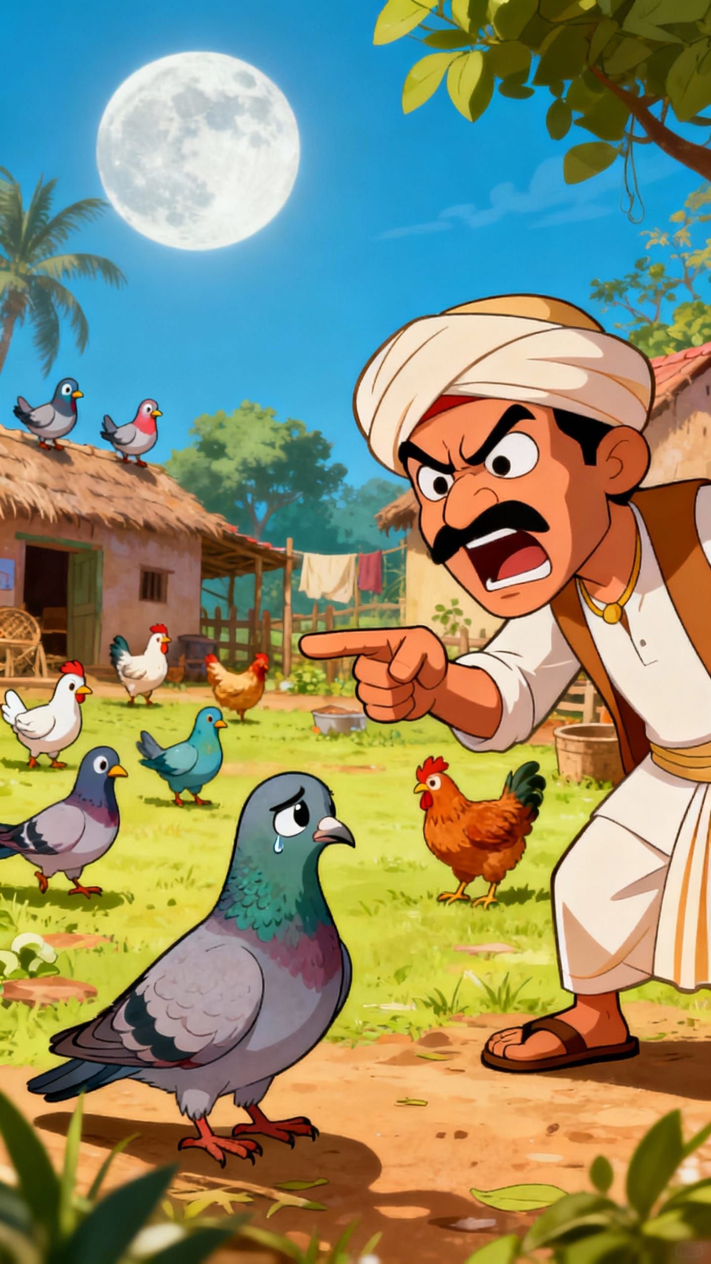Angry Farmer with Sad Pigeon, Cheerful Farm Scene