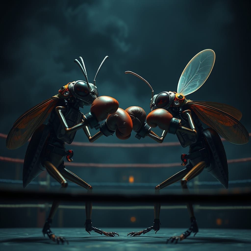 Insects Boxing in Bioluminescent Ring, Dark Surrealism