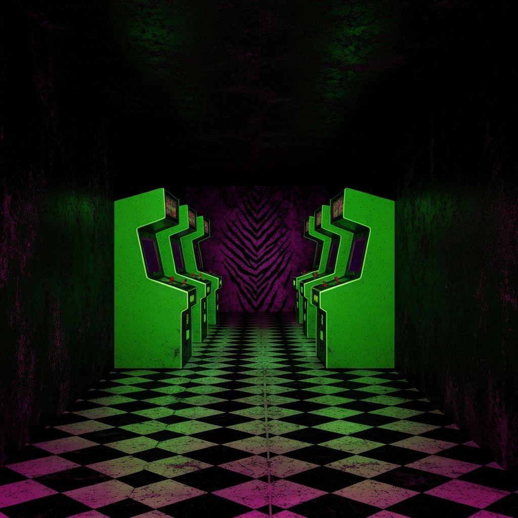 Abandoned Corridor With Neon Accents And Geometric Patterns