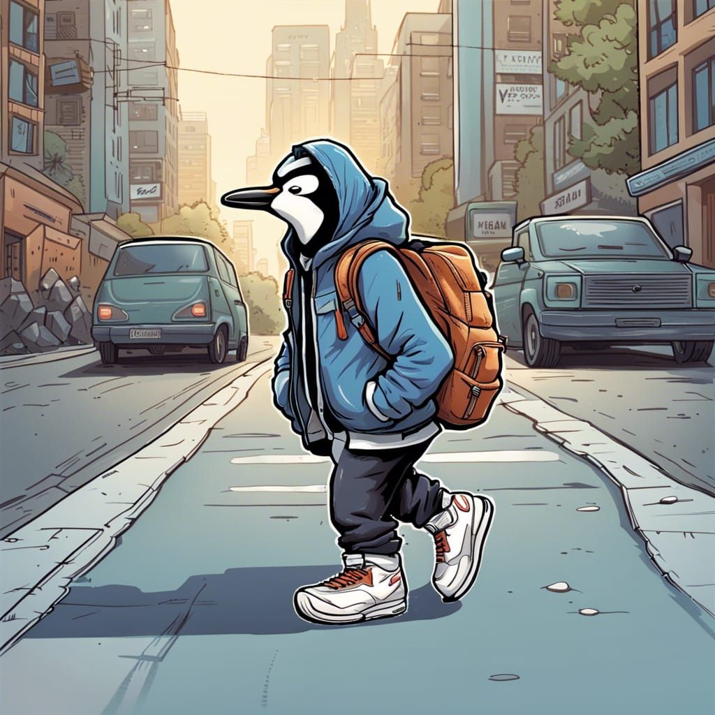 Cool Anthropomorphic Penguin Crossing Street