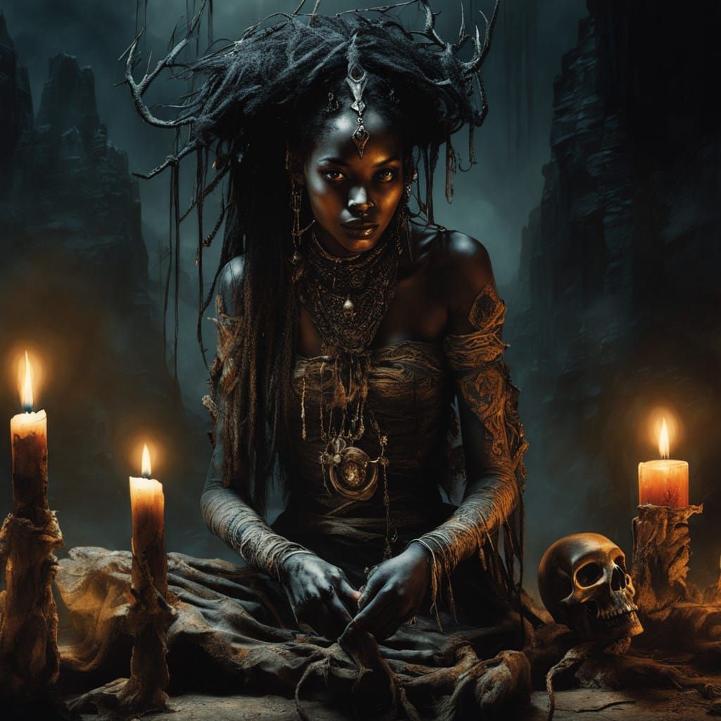 Enigmatic Haitian Voodoo Priestess in Dark, Smoky Ritual