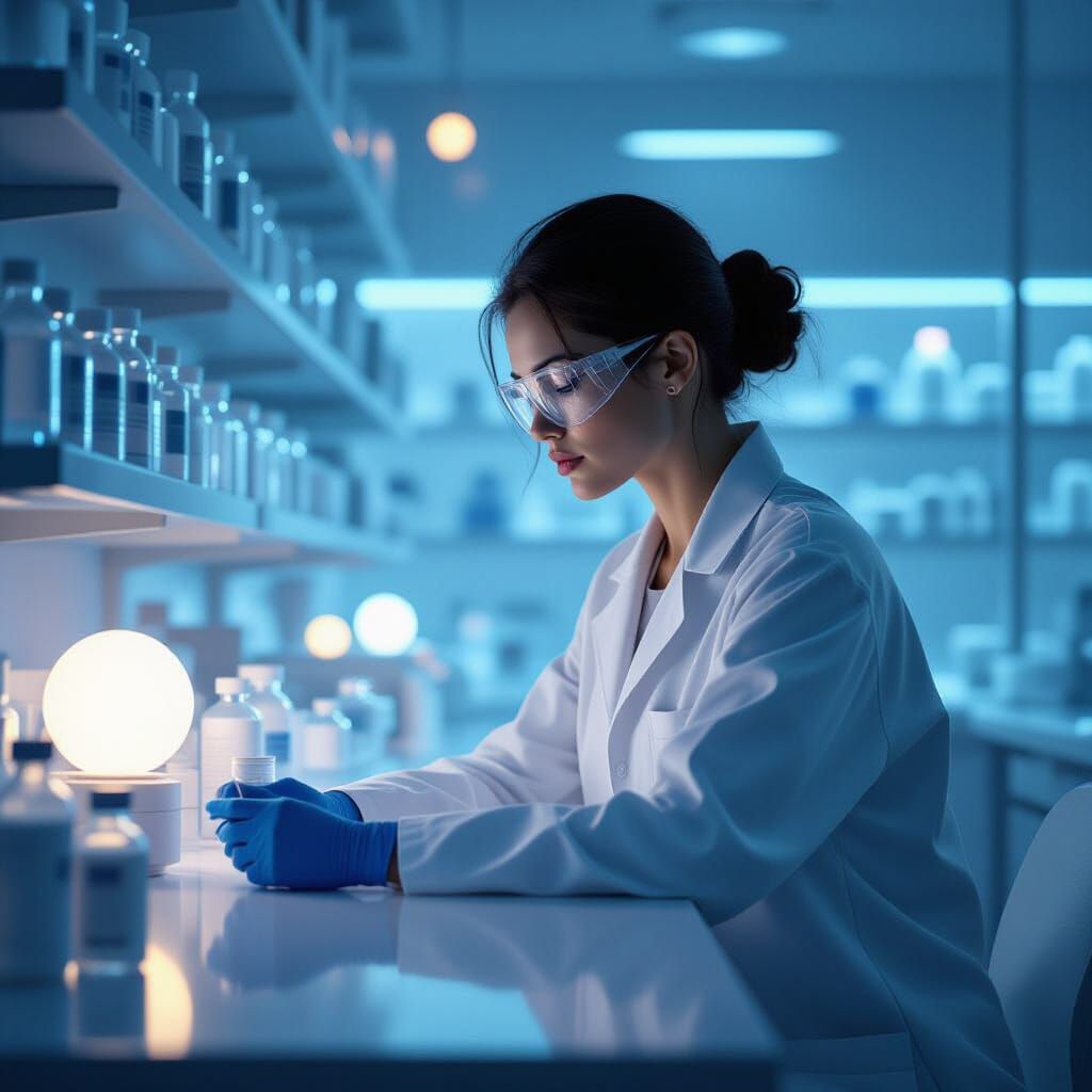 Ethereal Woman in Pharmaceutical Lab, Digital Art