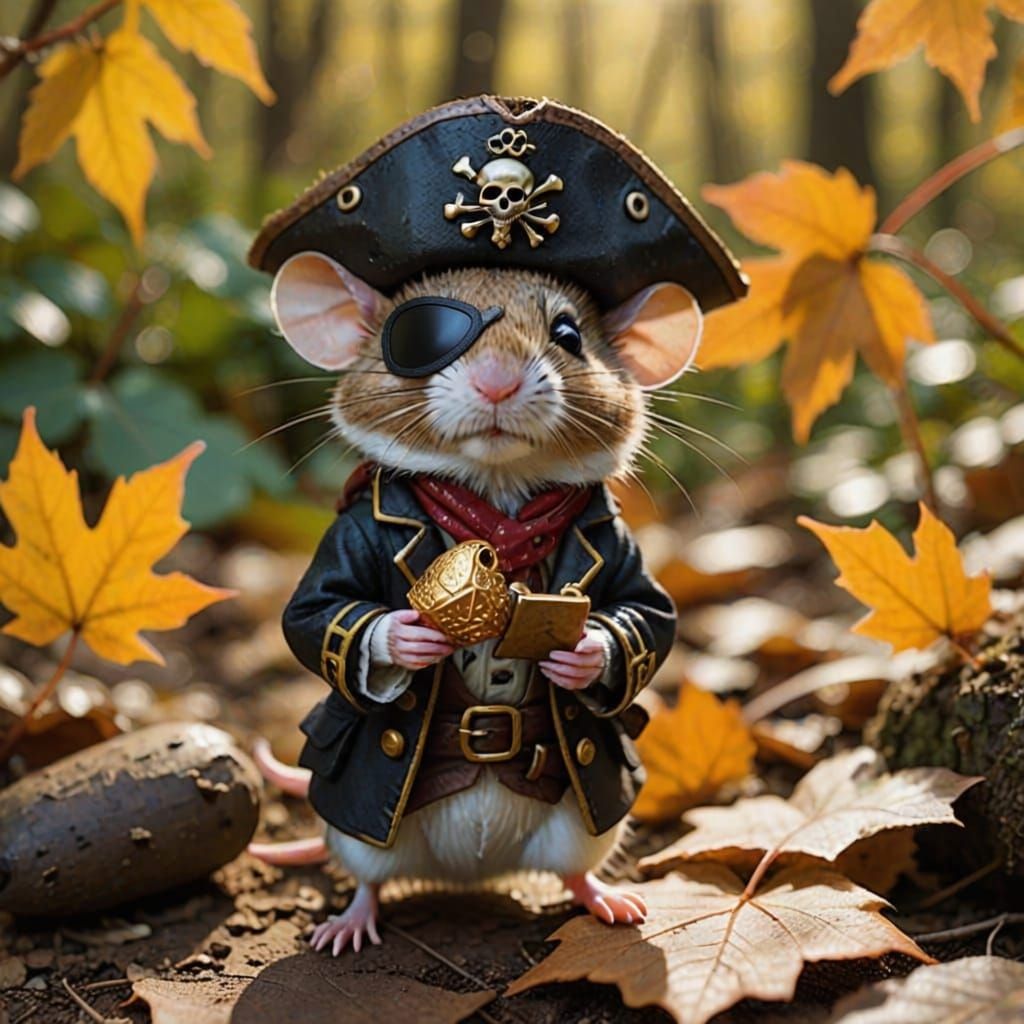 Pirate Mouse in Autumn Forest, Impressionist Style