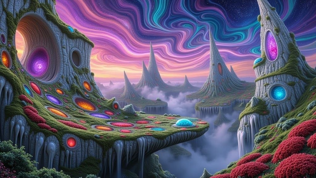 Colossal Shield City in Vibrant, Ethereal Landscape