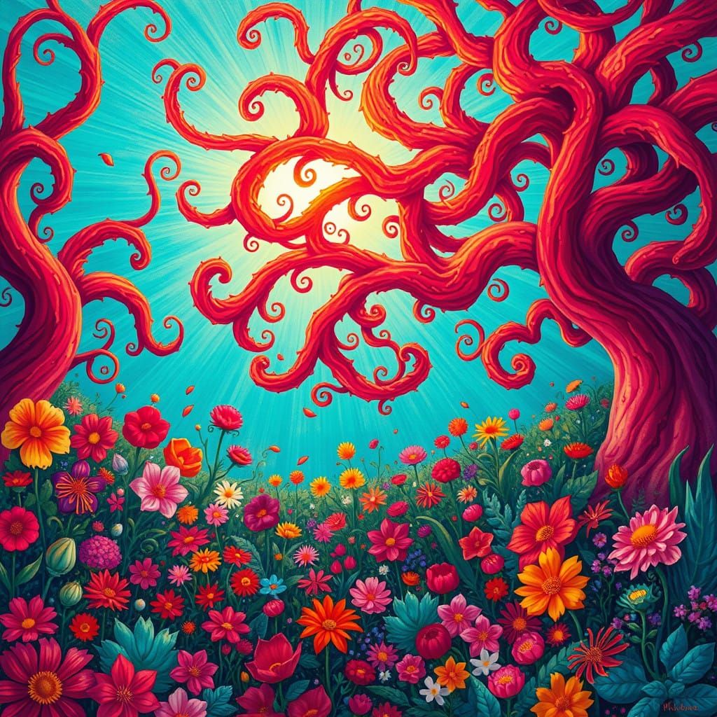 Dreamlike Garden Scene in Vibrant Colors and Whimsical Style