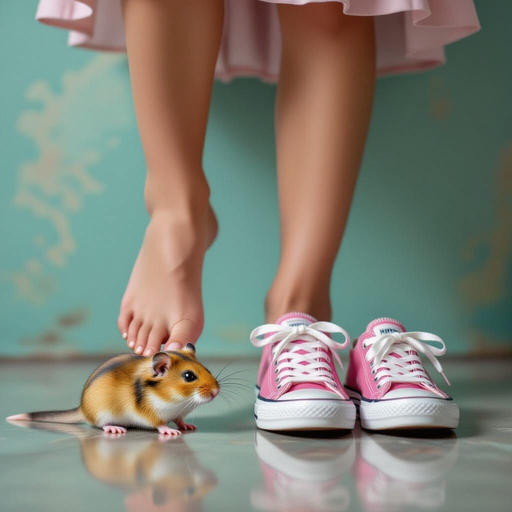 Barefoot Girl Steps on Hamster in Photorealistic Style