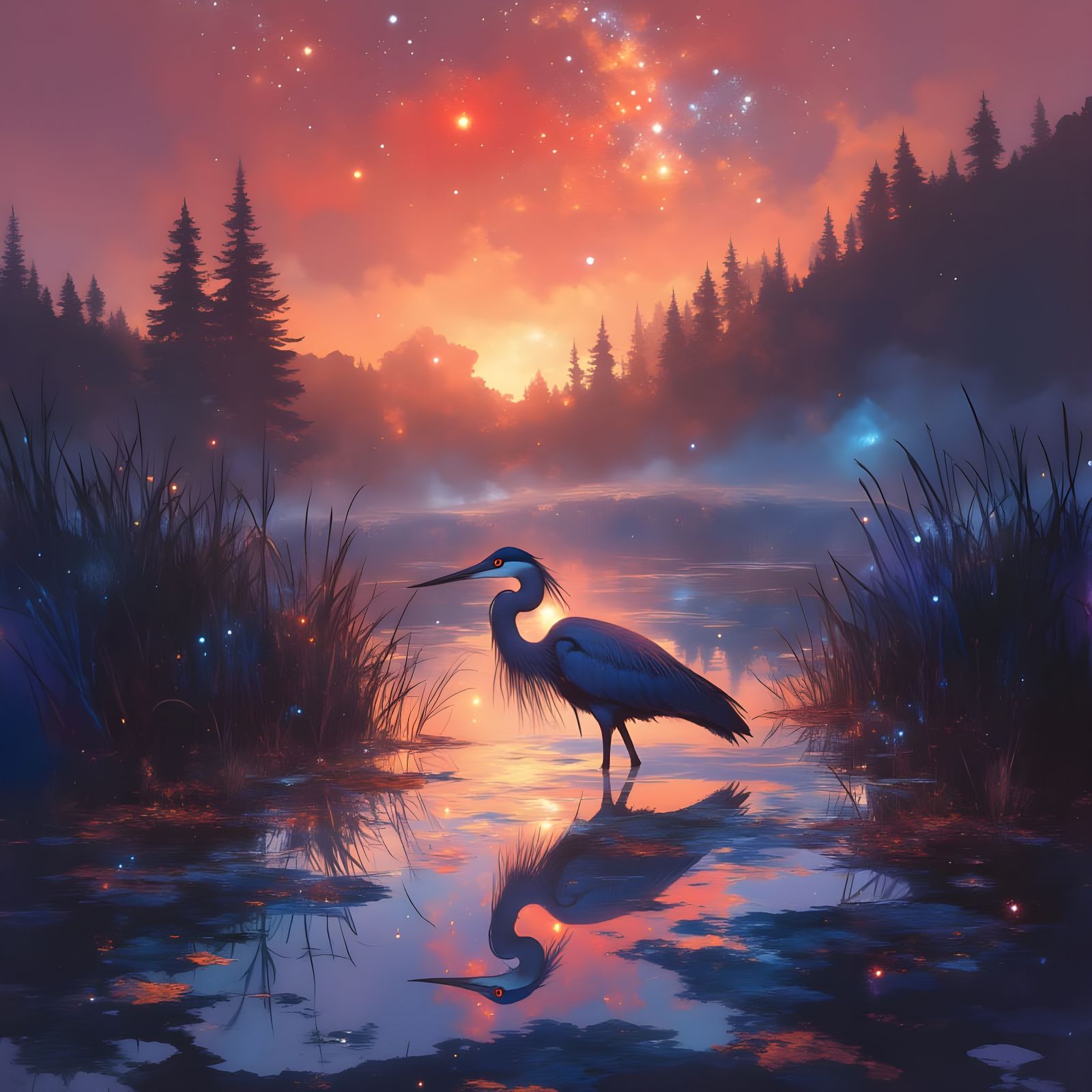 Surreal Heron in Ethereal Twilight Landscape
