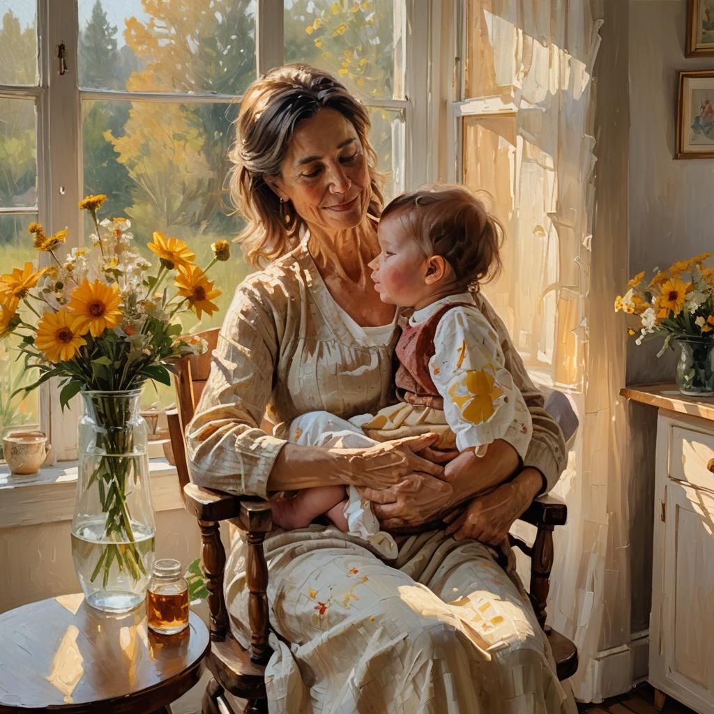 Mother and Baby in Expressionist Impasto Oil Painting