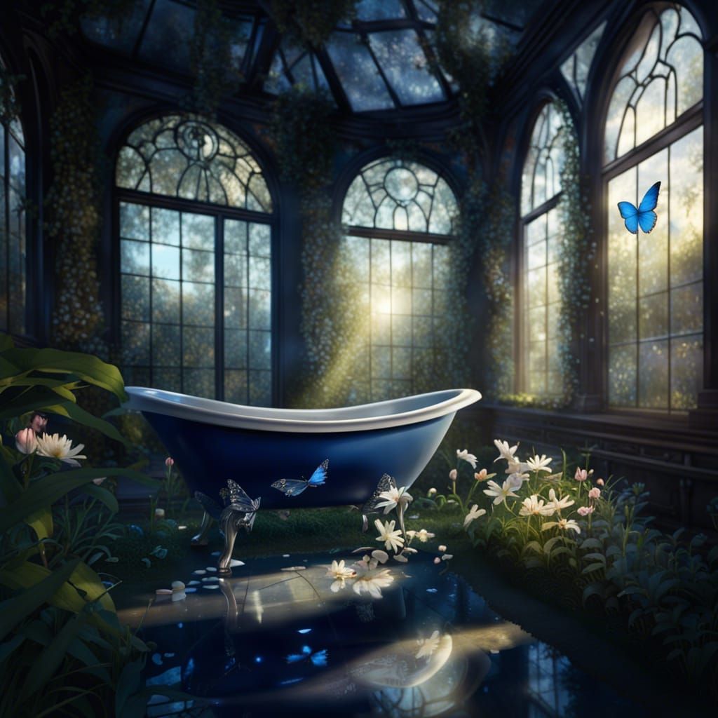 Abandoned Veranda with Bathtub and Butterflies