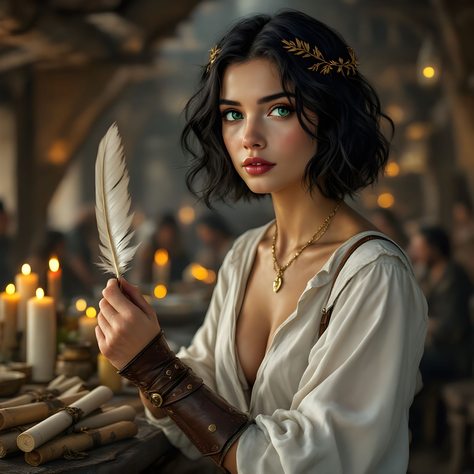 Elegant Regal Scribe in Medieval Tavern Setting