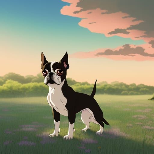 Cute Boston Terrier in Studio Ghibli Style