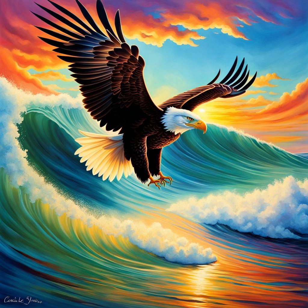 Trippy Ocean Scene with Eagle Soaring