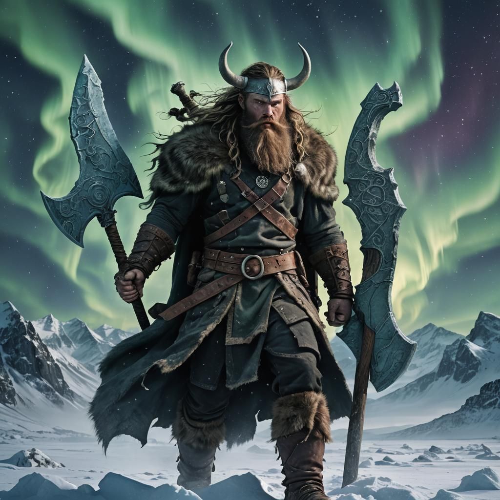 Viking Warrior in Frozen Wilderness Under Northern Lights
