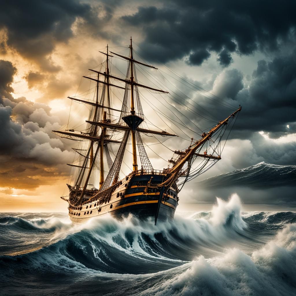 Flying Dutchman Ship in Stormy Golden Hour Seascape