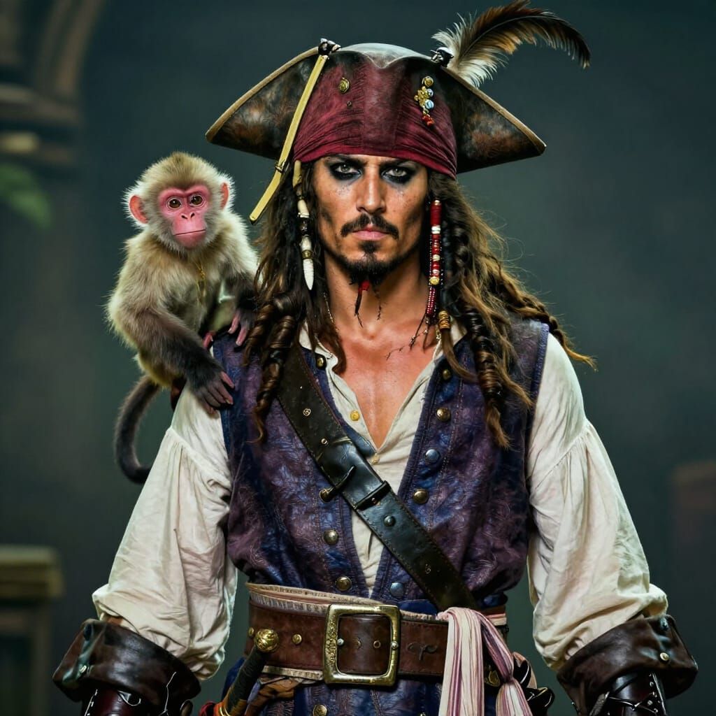 Handsome Pirate with Monkey and Feathered Hat